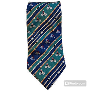 Firenze‎ Made In Italy Green Blue Gold 100% Silk Striped Bikes Unicycles Tie